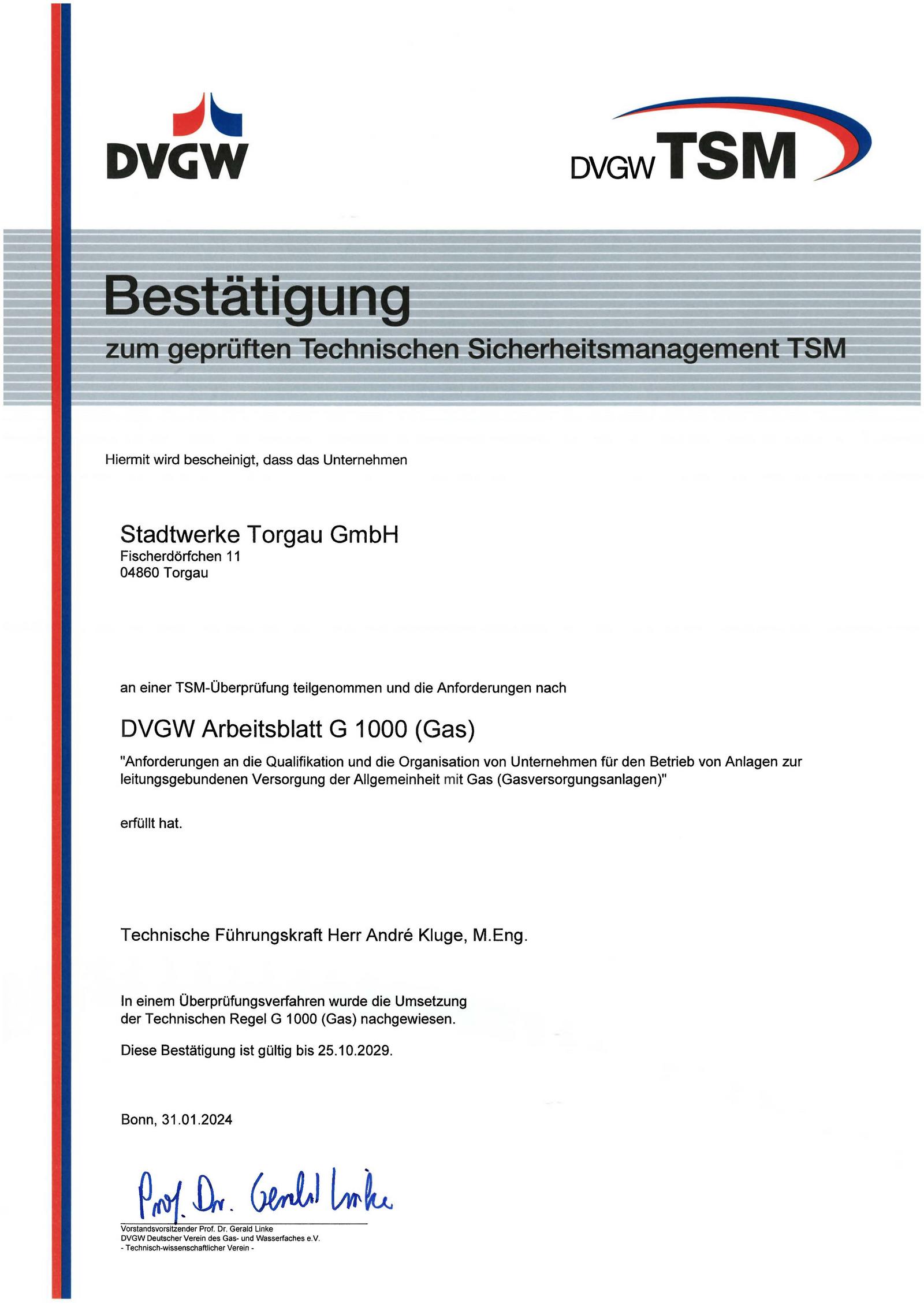 Bestätigung technisches Sicherheitsmanagement TSM
