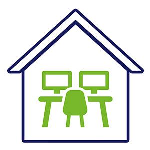 Icon mobiles Arbeiten mit einem Haus in dem ein Schreibtisch inkl. Bildschirmen steht in den Farben grün und blau