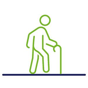 Icon betriebliche Altersvorsorge mit einer Person, die am Stock geht in den Farben grün und blau