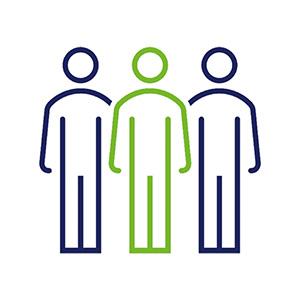 Icon Teambuilding mit 3 Personen, die als Gruppe angeordnet sind in den Farben grün und blau