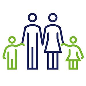 Icon Familie mit Eltern und zwei Kindern in den Farben grün und blau