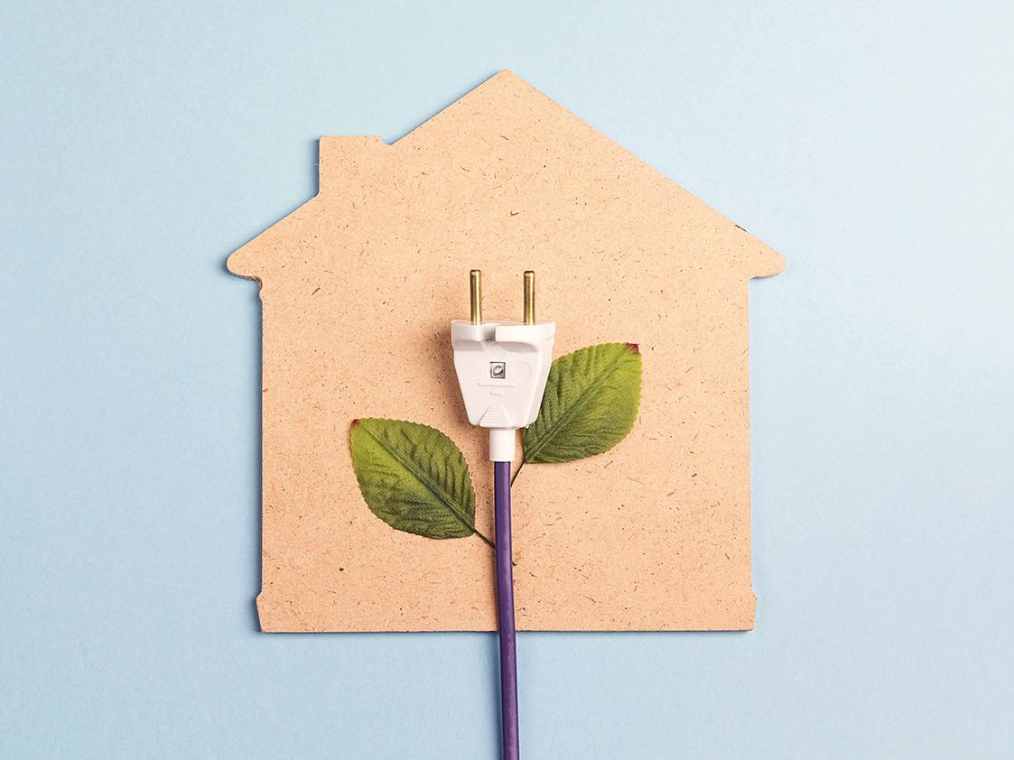 Strom-Stecker mit grünen Blättern und symbolischem Haus im Hintergrund