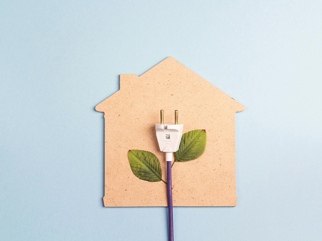 Strom-Stecker mit grünen Blättern und symbolischem Haus im Hintergrund