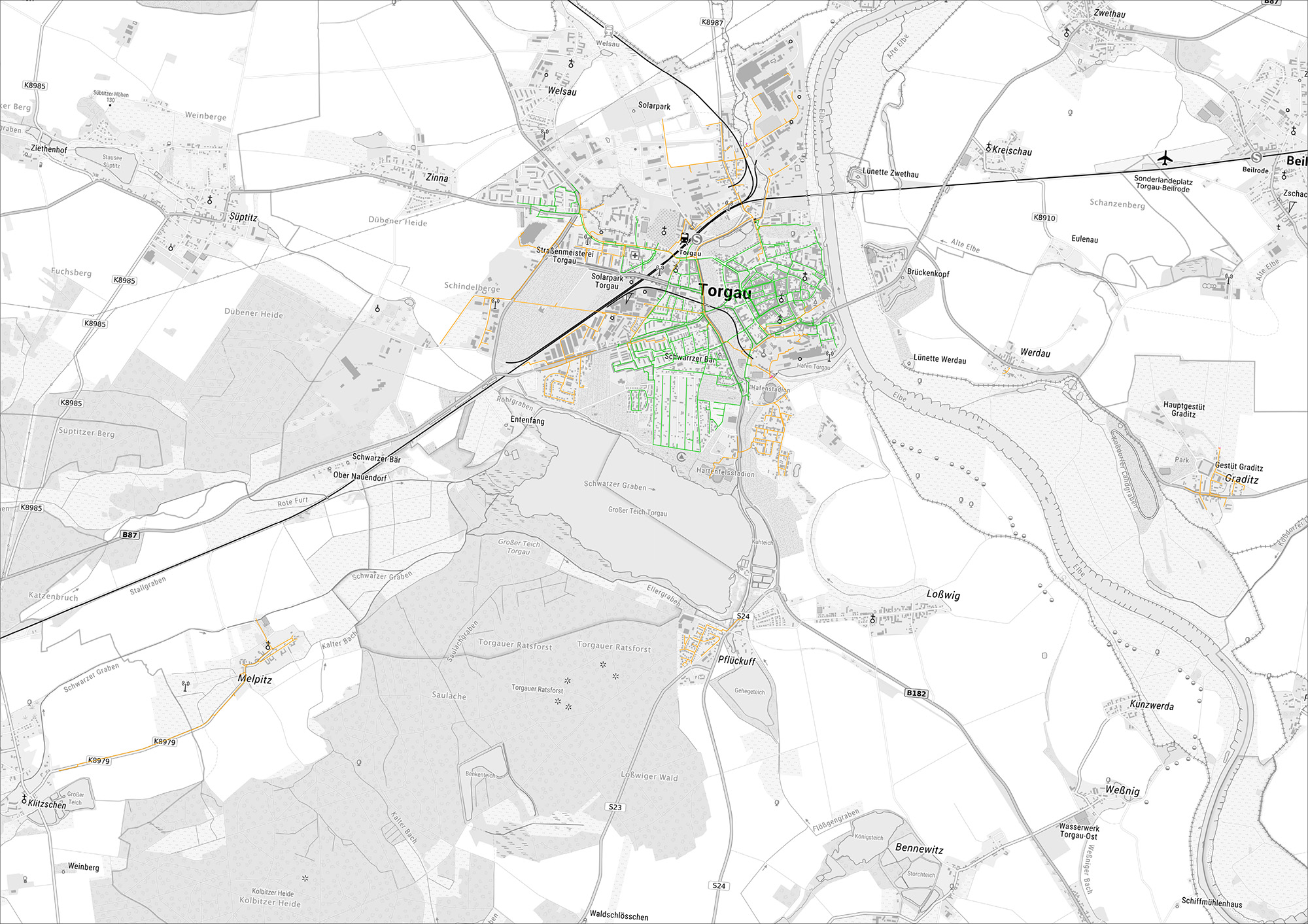 Die Gasnetzkarte zeigt eine Übersicht über die mit Gas versorgten Gebiete in der Region Torgau