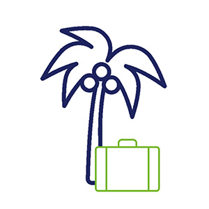 Icon Work-Life-Balance mit einer Palme und einem Urlaubskoffer in den Farben grün und blau